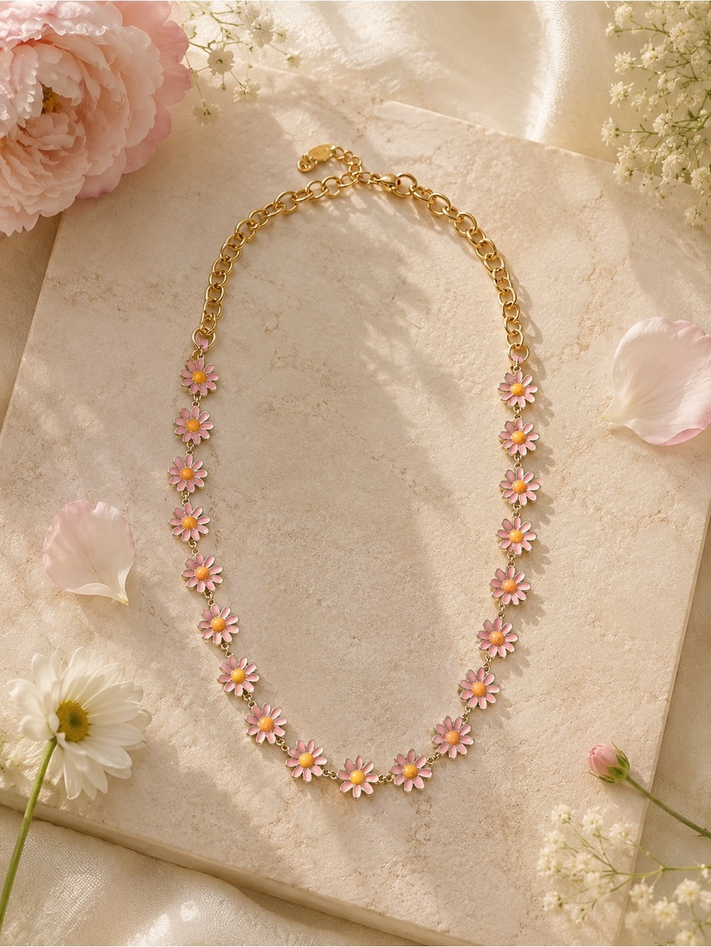 Delicate Pink Daisy Chain Necklace - Goldfilled